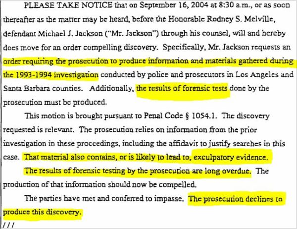 September 3, 2004 Defense compels discovery, forensic tests from 1993-94. Prosecution declines